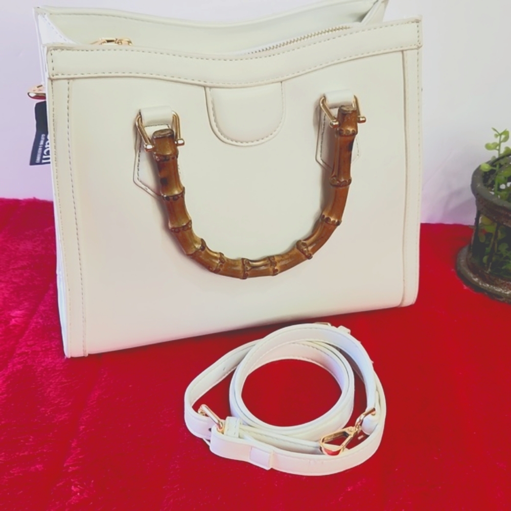 Eden White Crossbody Shoulder Bag Purse Bamboo Handles - Picture 9 of 16